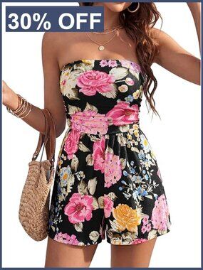 Strapless Printed Boho Wide Leg Beach Romper Short Jumpsuit